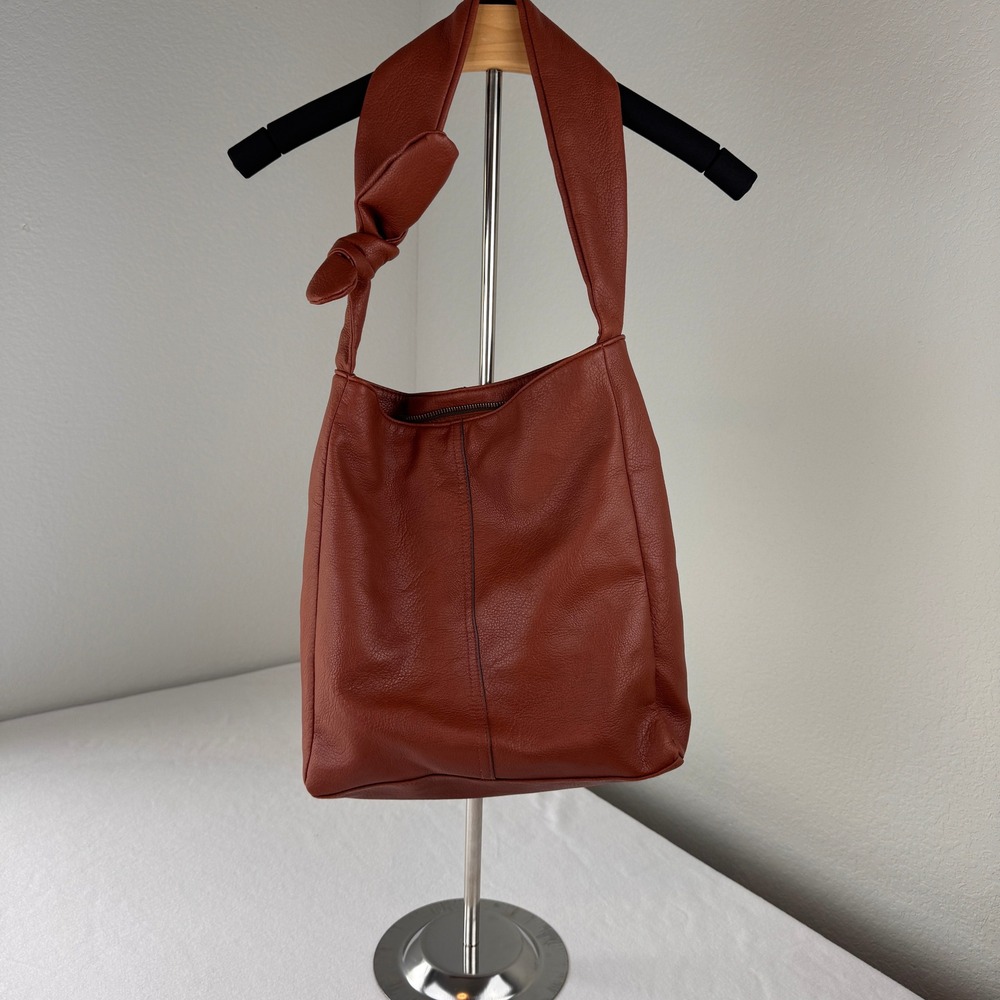 Brown Faux Leather Hobo Shoulder Bag Knot Strap Slouchy Soft Tote Purse